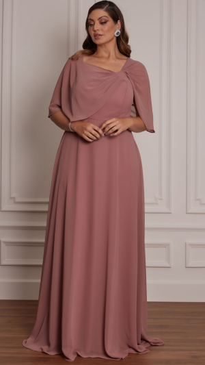 Vestido Longo Rosé Antigo com Capa Assimétrica e Saia Fluida – Elegância para Mães de Noiva e Madrinhas
