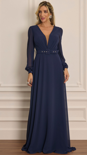 Vestido Longo com Manga Longa e Cinto na Cintura – Modelo em Chiffon Rosa Claro e Azul Marinho para Madrinha Plus Size - Imagem 4