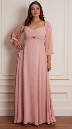 Vestido Longo Rosa Claro com Manga Longa e Textura Poá – Plus Size para Casamento no Campo - Imagem 3
