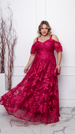 Vestido Longo com Tule Bordado Floral e Manga Ombro a Ombro Plus Size - Imagem 3