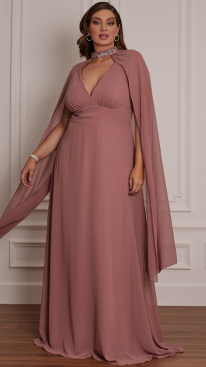 Vestido Longo Rose com Capa e Gola Bordada Plus Size para Madrinhas e Festas - Imagem 4
