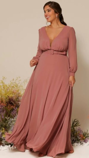 Vestido Longo com Manga Longa e Cinto na Cintura – Modelo em Chiffon Rosa Claro e Azul Marinho para Madrinha Plus Size - Imagem 3