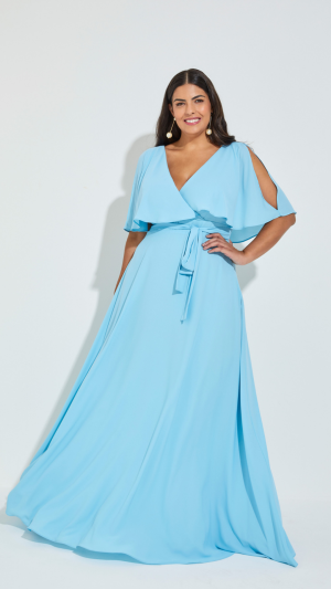 Vestido Longo Plus Size em Chiffon com Fenda e Manga Asa - Imagem 3