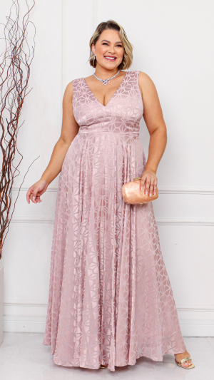 Vestido Longo Rosé em Tule Geométrico com Decote V para Madrinhas Plus Size - Imagem 4