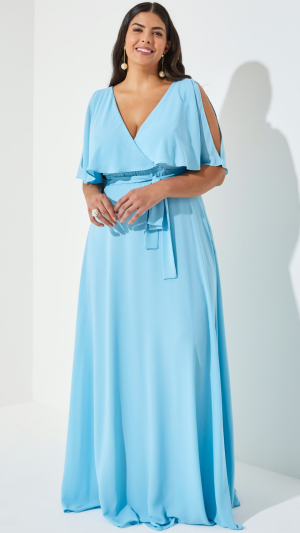 Vestido Longo Plus Size em Chiffon com Fenda e Manga Asa - Imagem 4