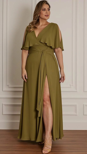 Vestido Longo Plus Size em Chiffon com Fenda e Manga Asa - Imagem 6