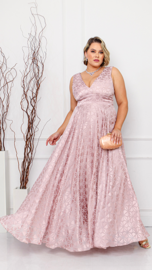 Vestido Longo Rosé em Tule Geométrico com Decote V para Madrinhas Plus Size - Imagem 3