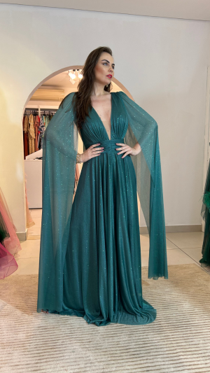 Vestido Longo com Capa Fluida e Decote Profundo Glamour - Imagem 13