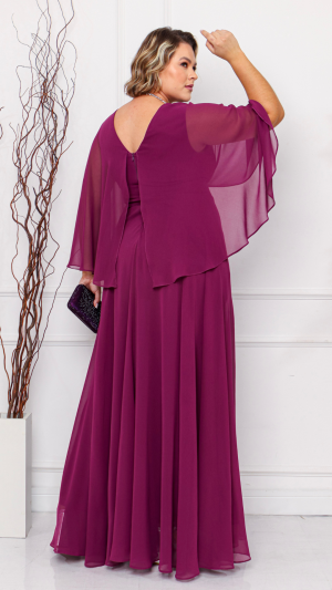 Vestido Longo Fúcsia em Tule com Decote Profundo e Alças com Laço – Ideal para Madrinhas e Festas ao Ar Livre - Imagem 4