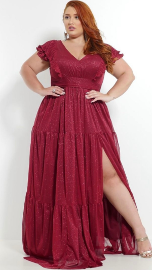 Vestido Longo Marsala com Fenda e Babados em Tule Brilhoso Plus Size - Imagem 2