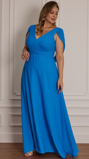 Vestido Longo Azul Bic com Efeito Drapeado nas Costas e Manga Capa para Madrinhas e Eventos Formais - Imagem 2