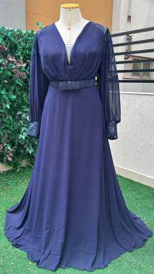 Vestido Longo Azul Marinho com Mangas em Renda e Cintura Marcada para Madrinhas e Festas - Imagem 3