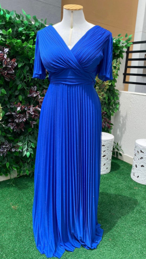 Vestido Longo Azul Royal Plissado com Decote Transpassado e Manga Curta