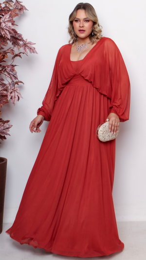 Vestido Longo Terracota com Manga Bufante em Tule e Decote Profundo para Madrinhas e Festas Elegantes - Imagem 3