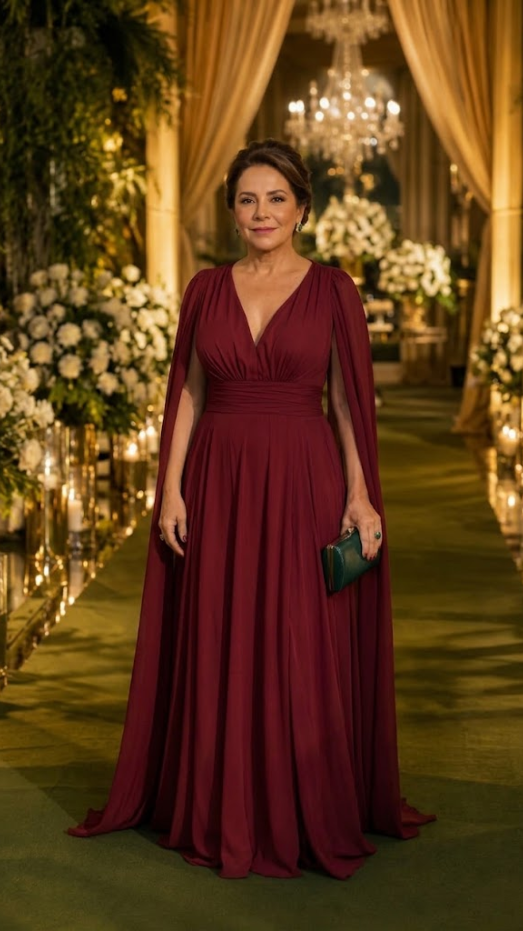 Vestido Vinho com Decote V, Mangas Capa Fluidas e Cinto Franzido na Cintura