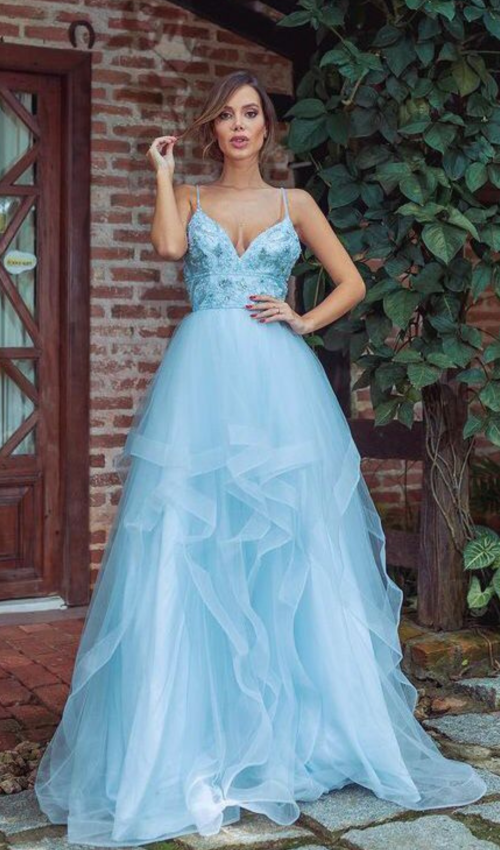 Detalhes vestido princesa azul serenity com tule e bordado