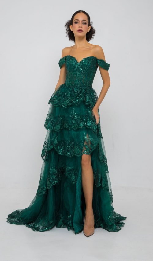 Ju parte 2 - Vestido de Festa Longo Verde Esmeralda em Tule com Camadas e Brilho