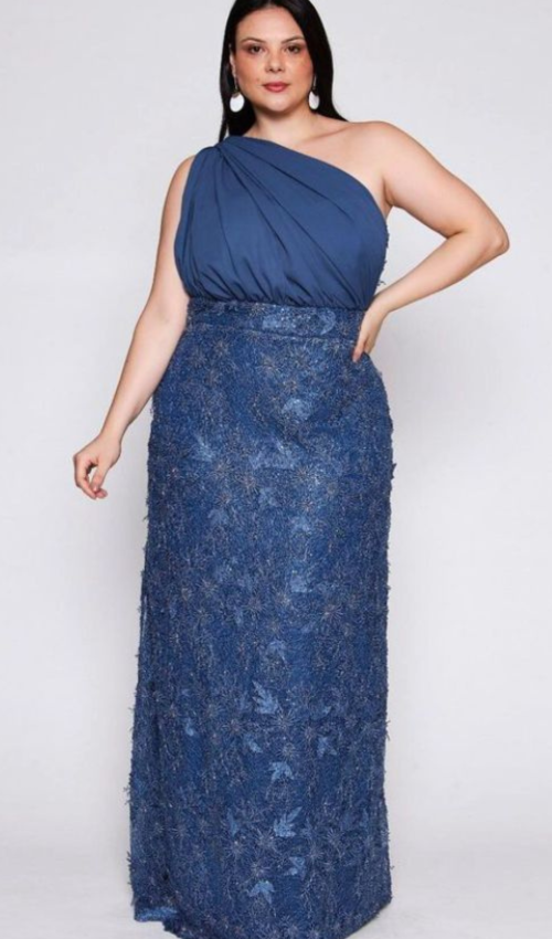 Vestido 3 em 1 Longo Azul com Ombro Único e Renda para Formatura