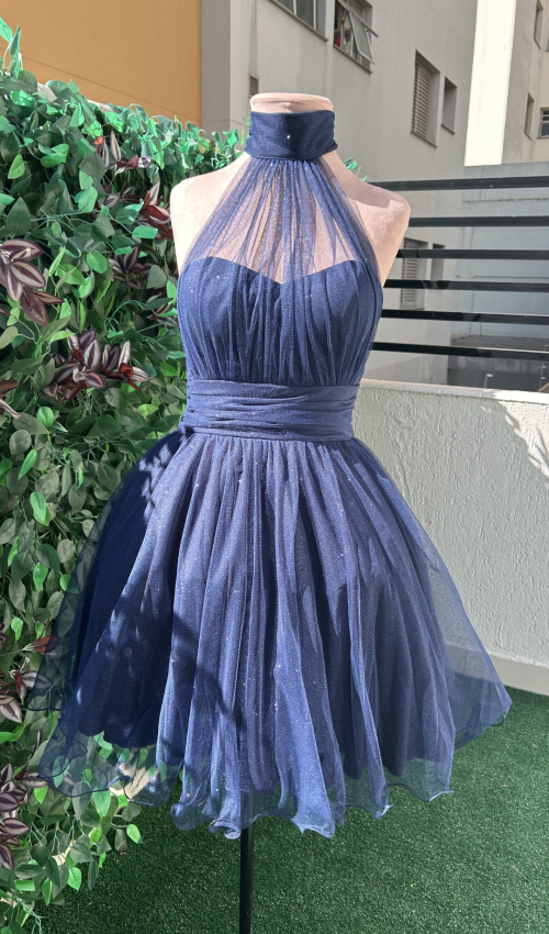 Vestido Curto Azul Marinho para Formatura e Casamento