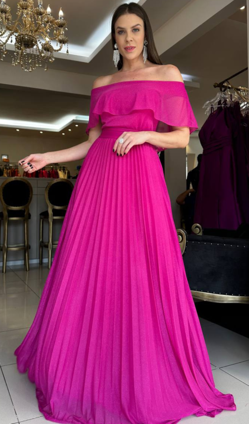 Vestido Fúcsia Plissado com Decote Ombro a Ombro 1
