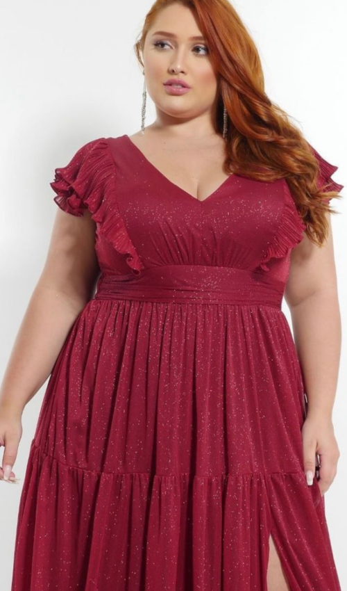 Vestido de Festa Marsala Plus Size com Tule Brilhoso