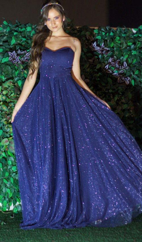 Vestido de Gala Azul Marinho com Tule Transparente