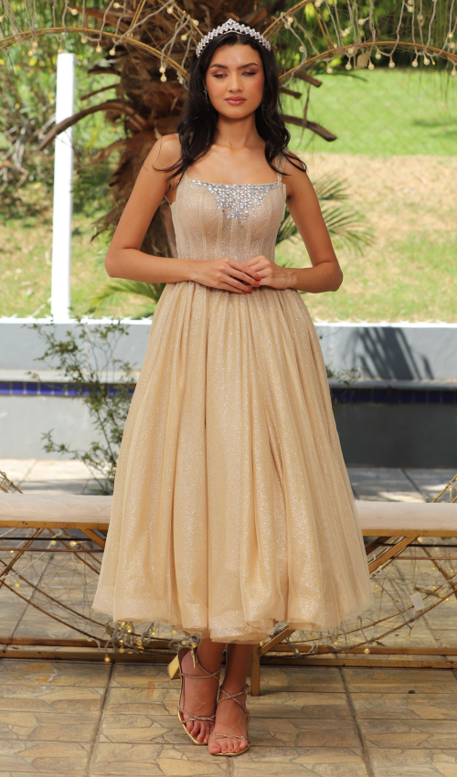 Vestido de festa dourado com bordado prateado e cristais 1