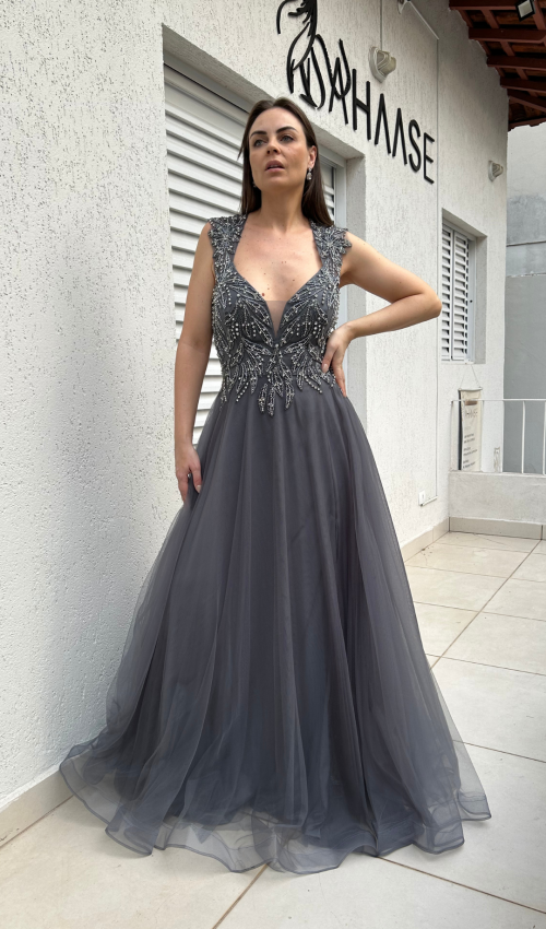 Vestido de festa longo grafite com pedrarias