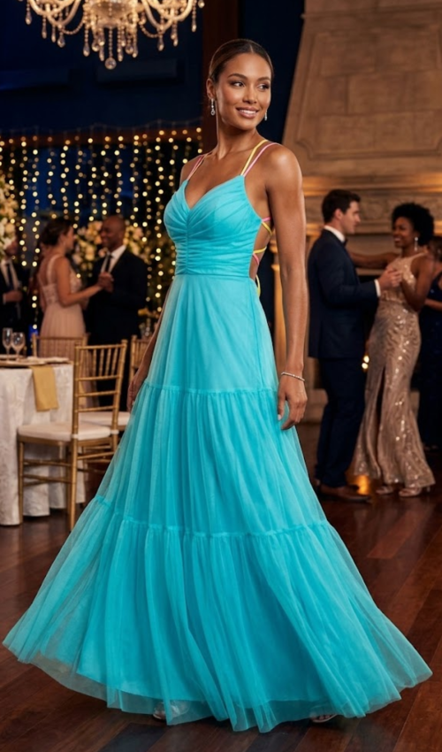 Vestido longo azul turquesa em tule com decote V, alças coloridas cruzadas nas costas e saia em camadas, ideal para madrinha e formatura. Aluguel de vestidos de festa na Ahaase, em Perdizes, São P