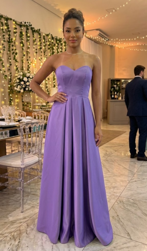 Vestido longo lavanda em cetim tomara que caia com decote coração e saia evasê com pregas, aluguel de vestido para madrinha em Perdizes SP