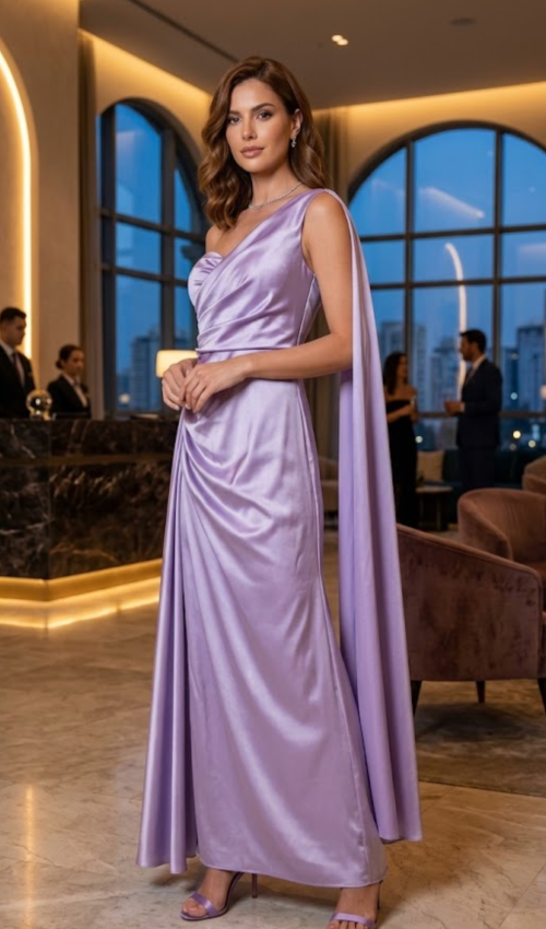 Vestido longo lilás em cetim com ombro único, drapeado no busto e capa lateral, ideal para madrinha e casamento à noite. Aluguel de vestidos de festa na Ahaase, em Perdizes, São Paulo.