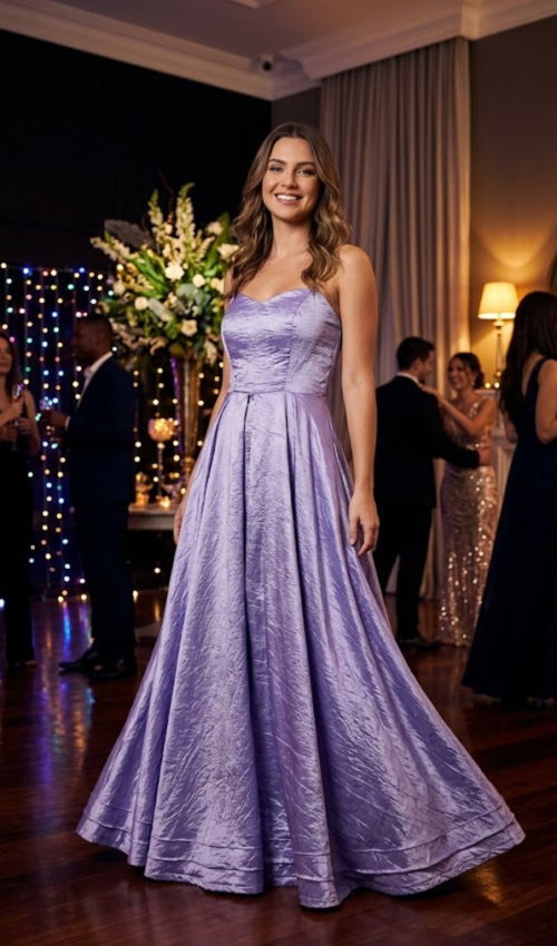 Vestido longo lilás em tafetá amassado com brilho, decote coração tomara que caia e saia evasê rodada, ideal para debutante e formatura. Aluguel de vestidos de festa na Ahaase, em Perdizes, São Pa