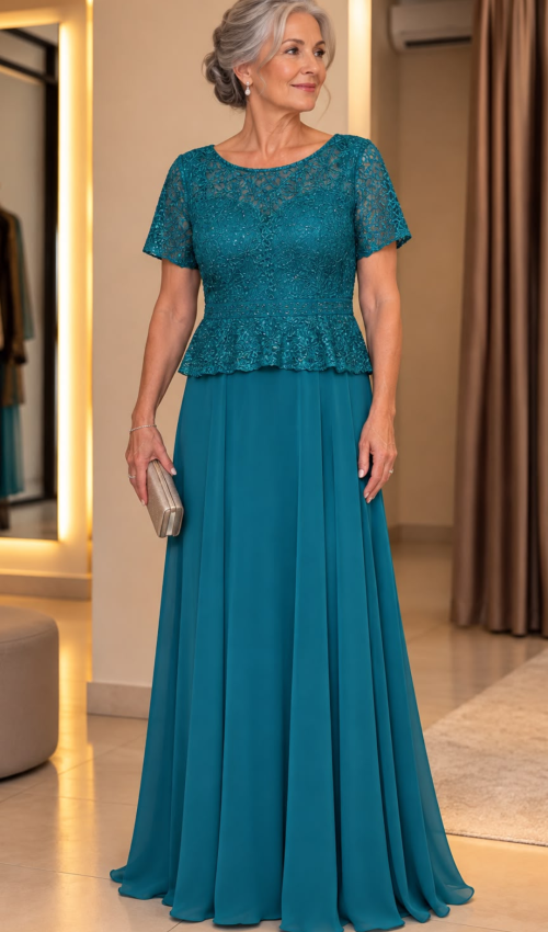 Vestido longo verde esmeralda com blusa peplum em renda e saia em chiffon, aluguel de vestido para mãevestido com manga peplum