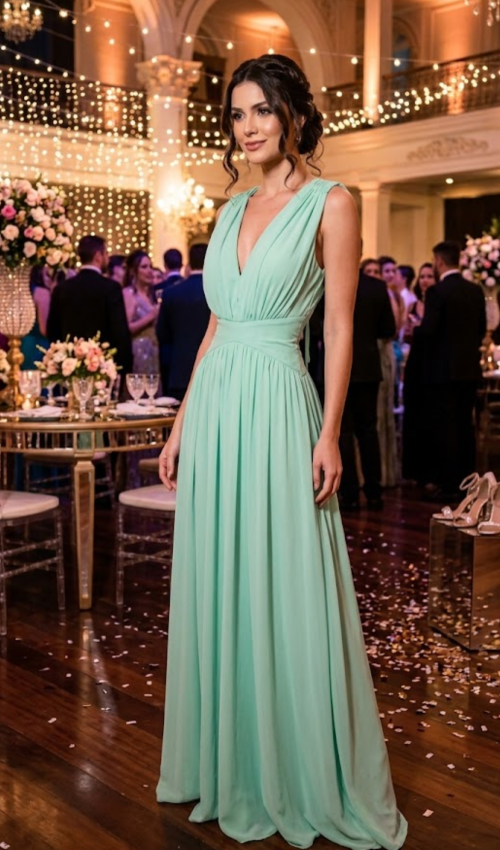 Vestido longo verde menta em chiffon com decote V profundo e cintura franzida, ideal para madrinha e casamento. Aluguel de vestidos de festa na Ahaase, em Perdizes, São Paulo. (1)