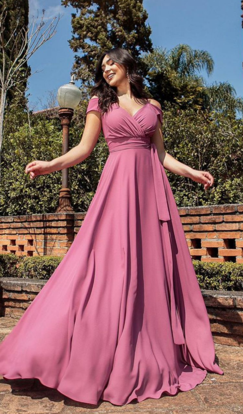 Vestido rosa longo para madrinha casamento diurno