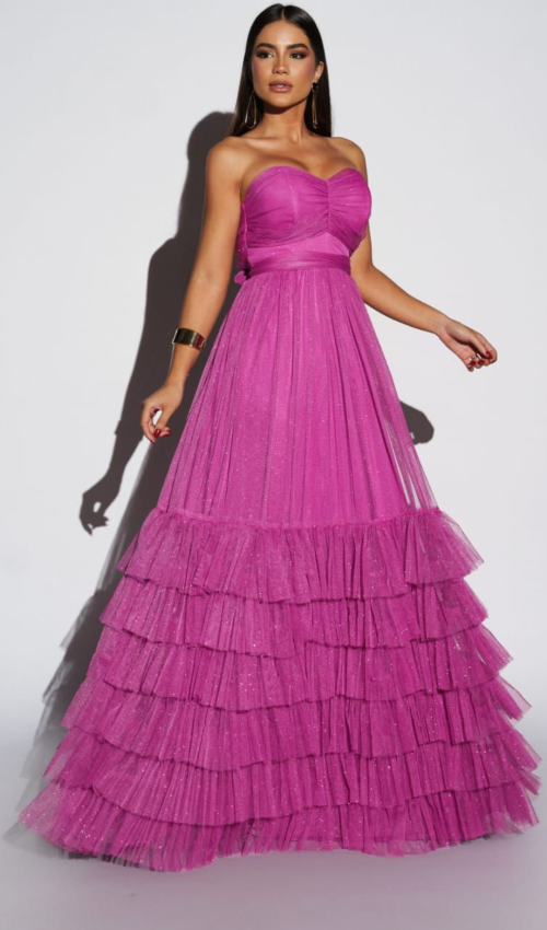 Vestido tomara que caia fucsia com saia de babados