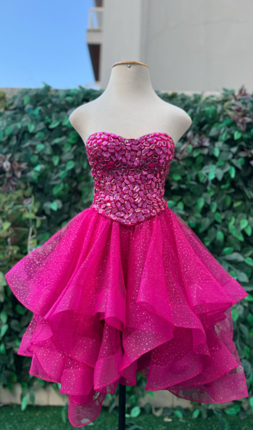 Vestido tomara que caia rosa com tule brilhoso para festa (2)