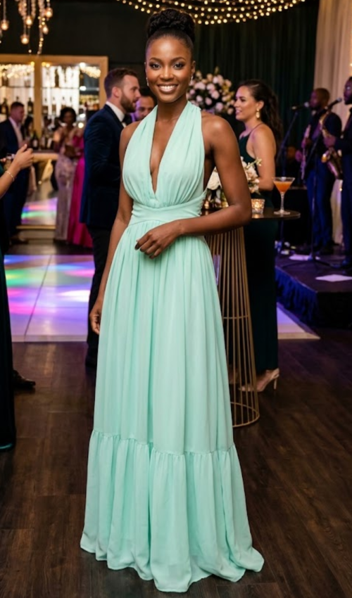 vestido para madrinha com recortes verde